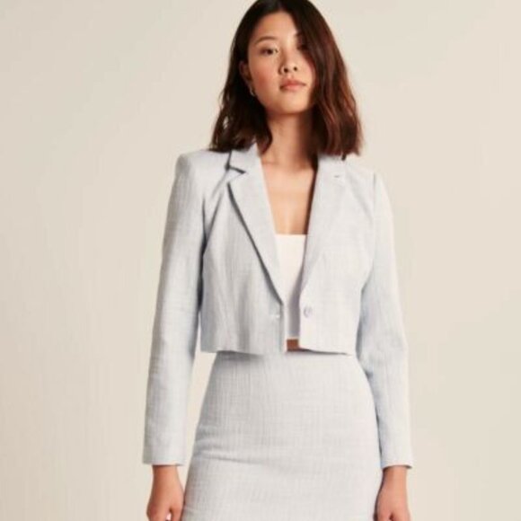 Tweed Cropped Baby Blue Structured Blazer - Picture 2 of 5